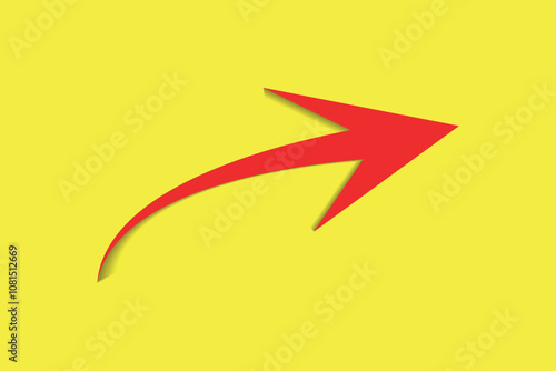 red curved arrow on bright yellow background, minimalist design, modern graphic illustration for direction, progress, navigation, business concept, bold red arrow symbol with shadow effect