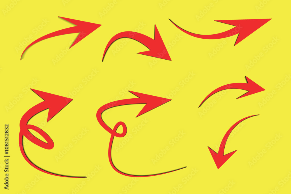 red curved arrow on bright yellow background, minimalist design, modern graphic illustration for direction, progress, navigation, business concept, bold red arrow symbol with shadow effect red curved arrow on bright yellow background, minimalist design, modern graphic illustration for direction, progress, navigation, business concept, bold red arrow symbol with shadow effect