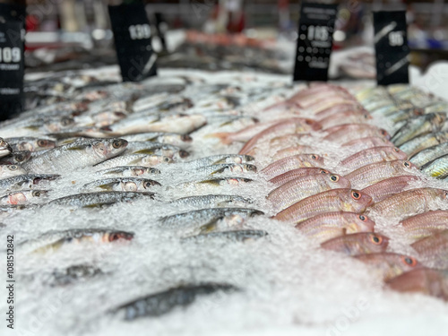 Selective focus on the fresh raw fish on the tray with ice at the food store