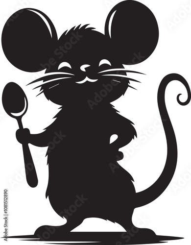 Silhouette of a mouse with a playful smirk holding a small spoon