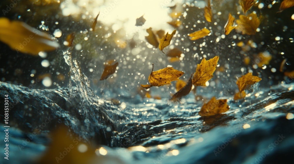 Golden Leaves Falling into a Stream with Sun Glare Golden Leaves Falling into a Stream with Sun Glare
