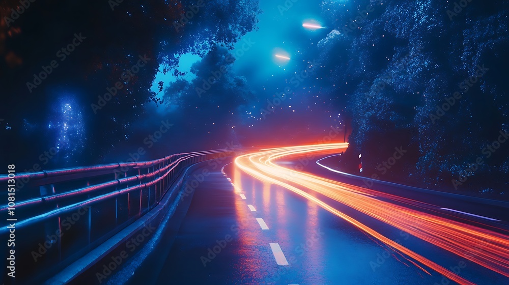 Abstract Neon Lights Trails on Wet Road at Night, Cyberpunk Cityscape Abstract Neon Lights Trails on Wet Road at Night, Cyberpunk Cityscape