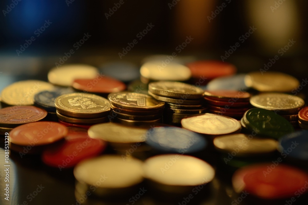 A close-up shot of a pile of poker chips, mostly gold, but with some red, blue, and green chips in the foreground. A close-up shot of a pile of poker chips, mostly gold, but with some red, blue, and green chips in the foreground.