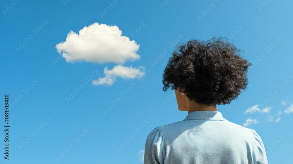 woman gazes at blue sky with single cloud, feeling sense of wonder and tranquility. bright atmosphere enhances her contemplative mood woman gazes at blue sky with single cloud, feeling sense of wonder and tranquility. bright atmosphere enhances her contemplative mood