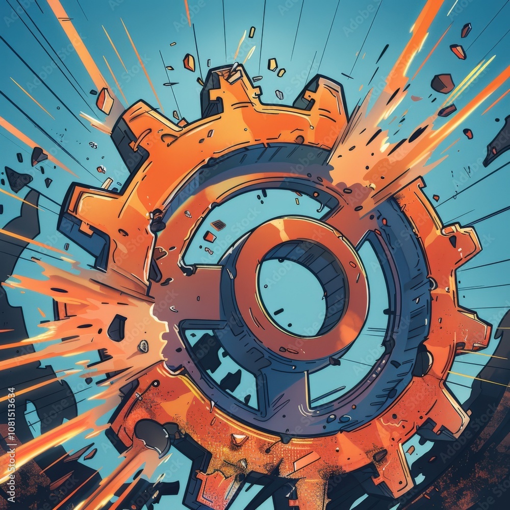 Obraz premium Dynamic Explosion of a Gear Mechanism with Emanating Sparks and Debris, Showcasing Energy and Industrial Design in Vibrant Colors and Dramatic Composition