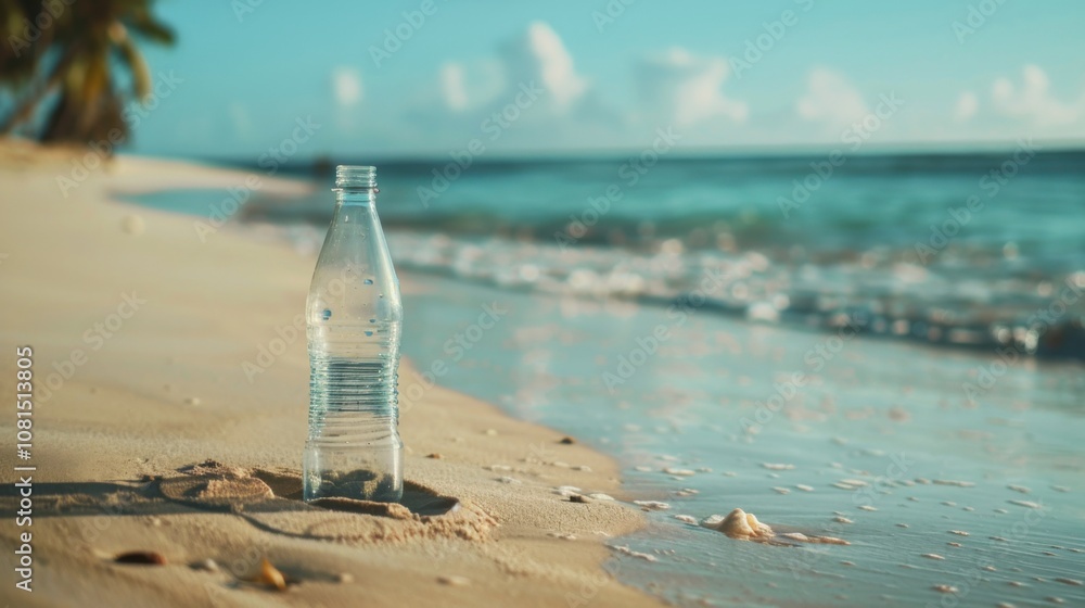 A single plastic bottle on a pristine beach symbolizing pollution and environmental neglect, Highlighting the impact of human waste on nature, minimalistic style A single plastic bottle on a pristine beach symbolizing pollution and environmental neglect, Highlighting the impact of human waste on nature, minimalistic style