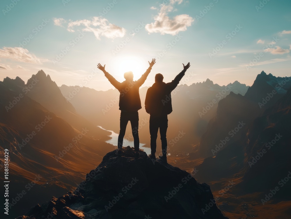 Obraz premium Two silhouetted figures celebrate atop a mountain during sunset, surrounded by scenic landscapes.