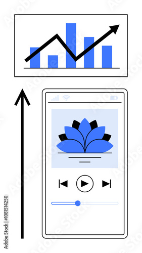 Smartphone with music app and lotus image ascending graph with arrow. Ideal for themes growth, mindfulness, focus, technology, progress, music, meditation. Line metaphor