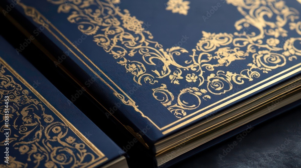 Fototapeta premium Close-up of two blue hardcover books with gold ornate patterns on the covers.