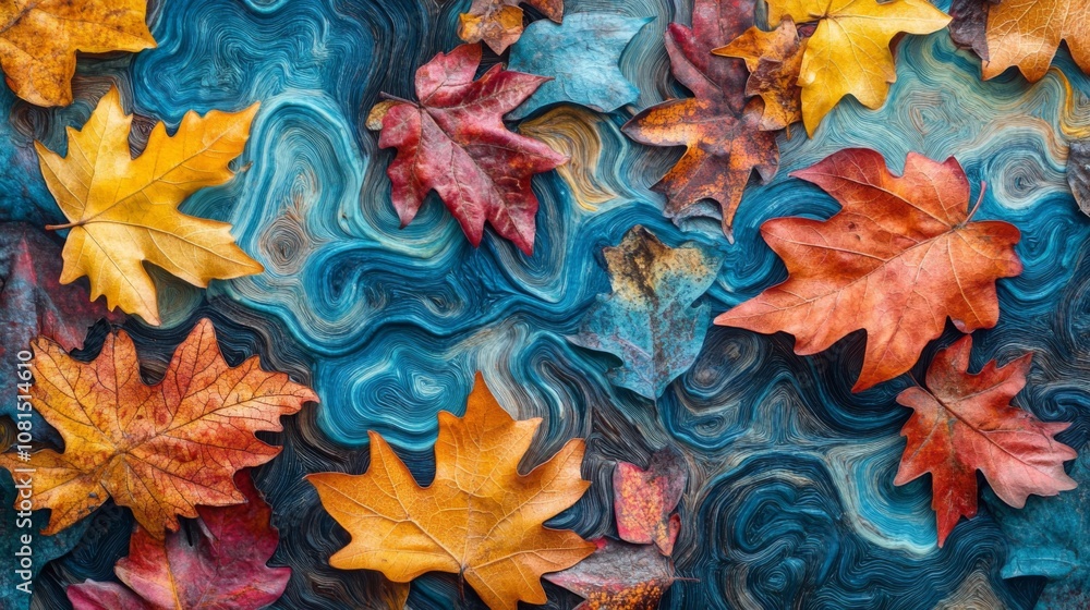 Autumn Leaves on a Blue Swirling Background Autumn Leaves on a Blue Swirling Background