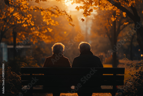 Elderly couple sitting on a park bench, golden hour lighting, back view, moment. The scene is set against a backdrop of a sunlit park. Concept photography.

