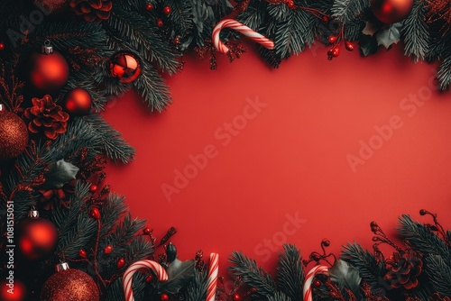 Christmas background with a red color scheme, candy cane decorations on the edges of the frame, creating an empty space in the center for text, ideal for holiday promotions, greeting cards, digital ad photo