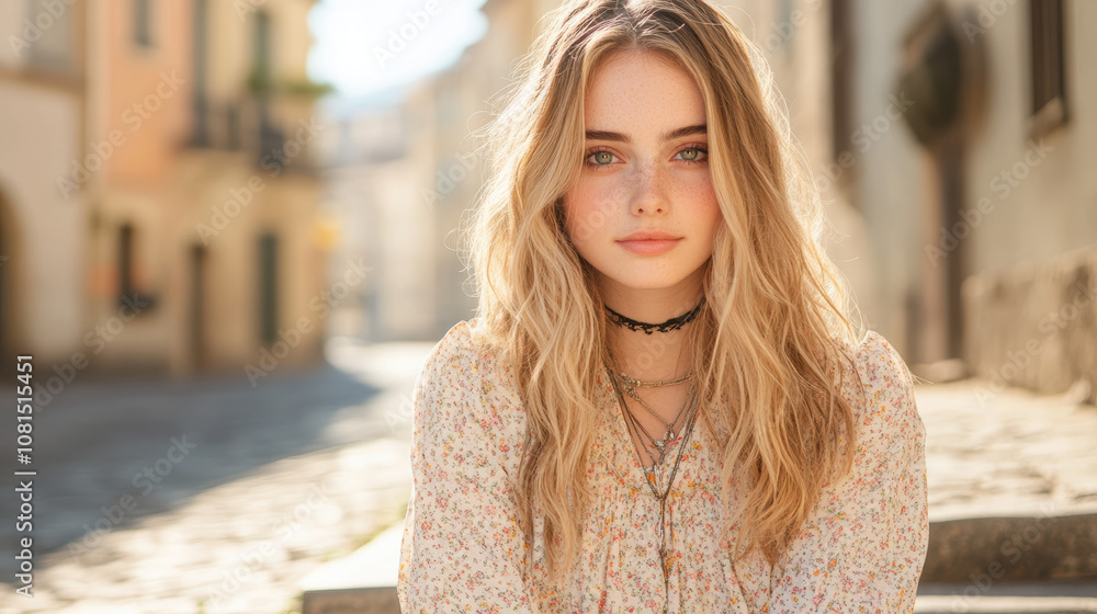young woman with long, wavy hair sits on cobblestone street, wearing floral blouse and layered necklaces, exuding serene and thoughtful expression young woman with long, wavy hair sits on cobblestone street, wearing floral blouse and layered necklaces, exuding serene and thoughtful expression