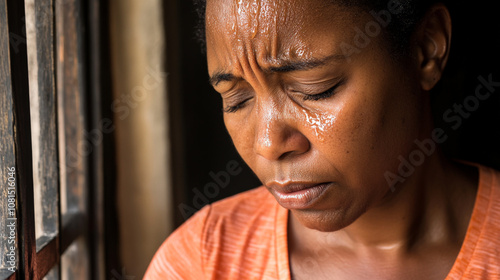 close up of woman with tear streaked face, looking exhausted and emotional, reflecting deep feelings of sadness and struggle. Her expression conveys sense of vulnerability and resilience