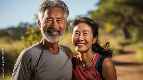 Sporty elderly couple in the park on the sports ground. Beautiful woman and man doing sports exercises. Healthy lifestyle concept