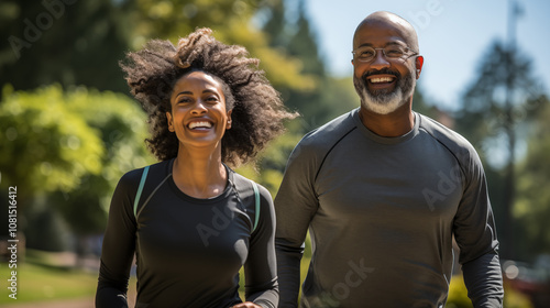 Sporty elderly couple in the park on the sports ground. Beautiful woman and man doing sports exercises. Healthy lifestyle concept