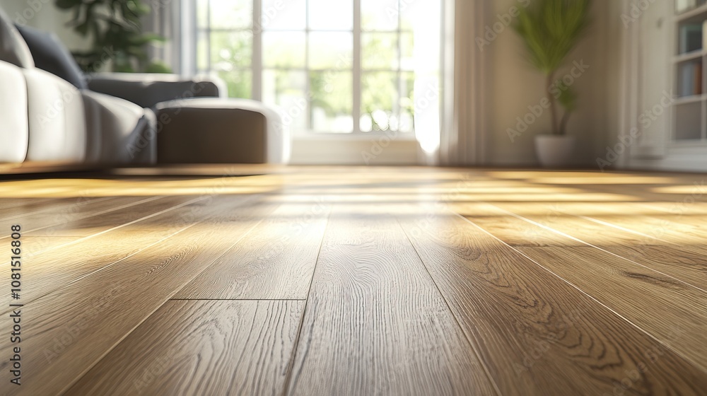 Fototapeta premium Laying down hardwood flooring, carpenter working, smooth new wood, bright interior,