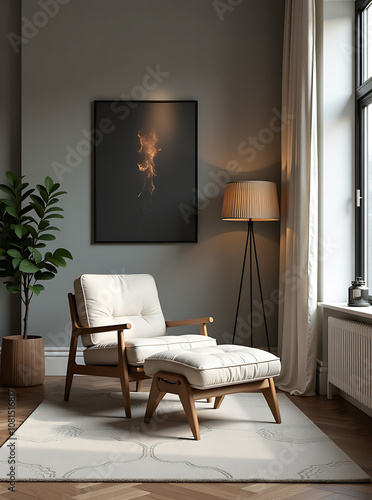 Stylish scandinavian living room with armchair, loft modern home decor style