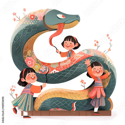 Snake shaped wood carving and children