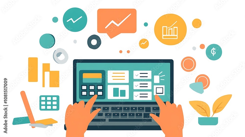 Technology digital hologram icons, Person using a calculator and laptop with business icons Technology digital hologram icons, Person using a calculator and laptop with business icons