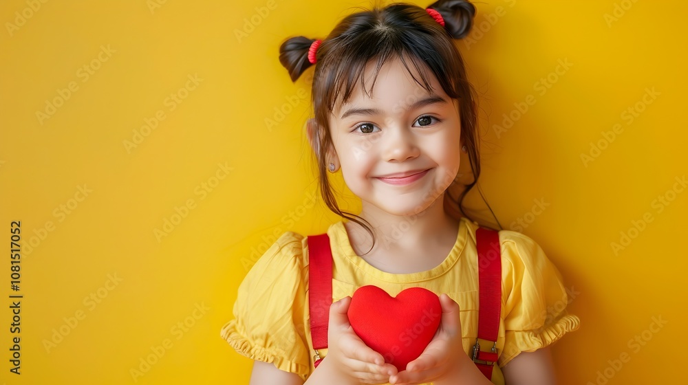 Delightful Portrait of Cheerful Little Teacher Showcasing Heart on Sunny Yellow Background Delightful Portrait of Cheerful Little Teacher Showcasing Heart on Sunny Yellow Background