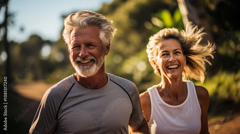 Sporty elderly couple in the park on the sports ground. Beautiful woman and man doing sports exercises. Healthy lifestyle concept Sporty elderly couple in the park on the sports ground. Beautiful woman and man doing sports exercises. Healthy lifestyle concept