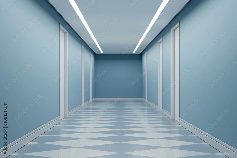 Obraz premium A modern, minimalist hallway with blue walls and geometric patterned floor tiles, evoking a sense of tranquility.