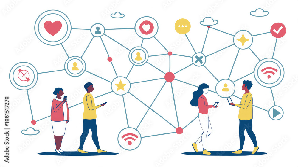 Diverse groups connected in networks on white background. Symbolizes unity and social media connections. Diverse groups connected in networks on white background. Symbolizes unity and social media connections.