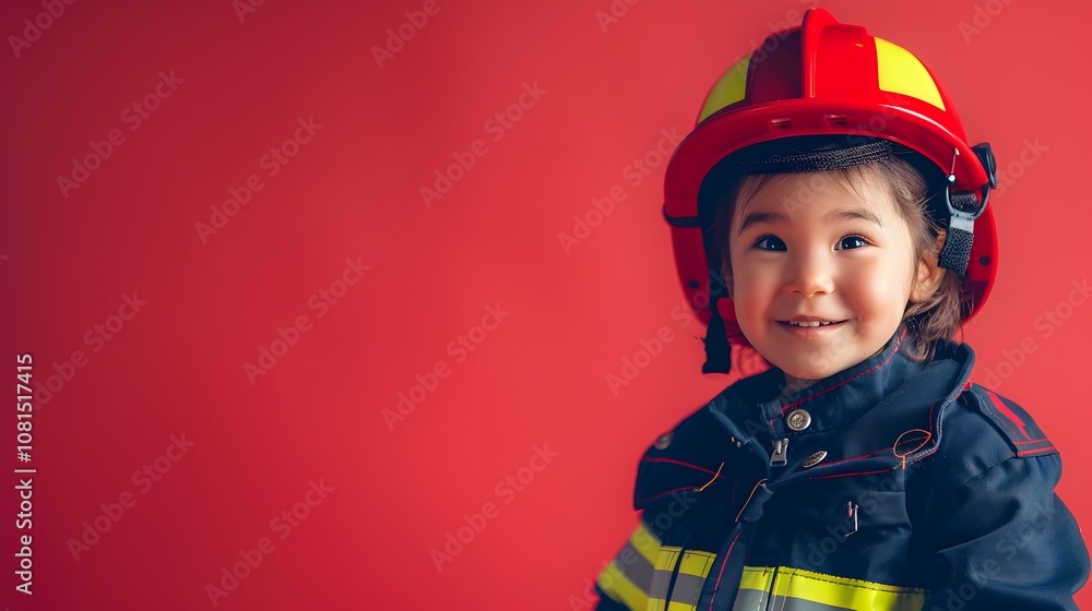 Cute Firefighter's Heartwarming Portrait on Scarlet Red Background Cute Firefighter's Heartwarming Portrait on Scarlet Red Background