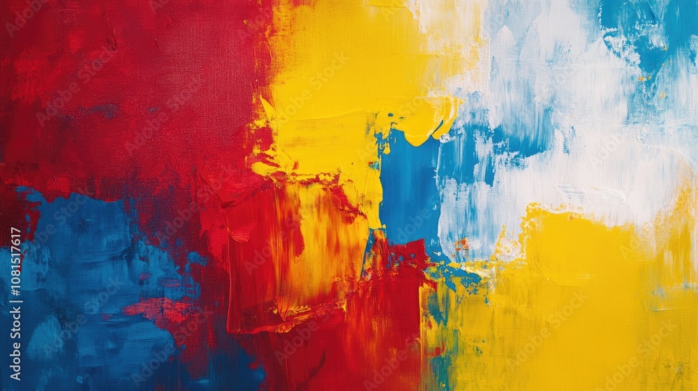 Fototapeta premium Colorful abstract painting with red, yellow, blue, and white brush strokes