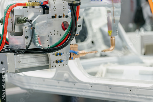 Obraz na płótnie robot arm working in car factory w salonie