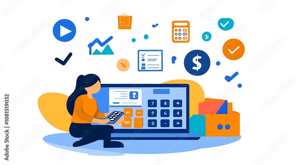 Technology digital hologram icons, Person using a calculator and laptop with business icons Technology digital hologram icons, Person using a calculator and laptop with business icons