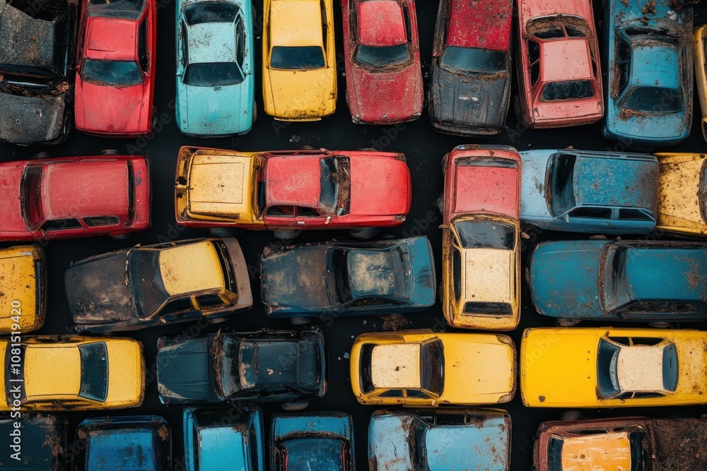 Aerial view of a junkyard filled with colorful cars. Aerial view of a junkyard filled with colorful cars.