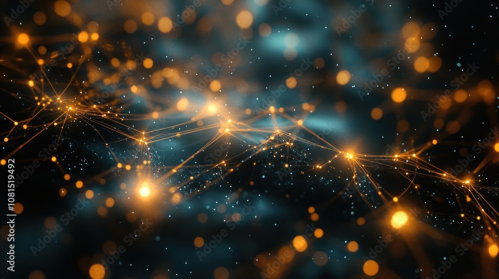 Abstract digital network with glowing nodes and connections in a dark space. Abstract digital network with glowing nodes and connections in a dark space.