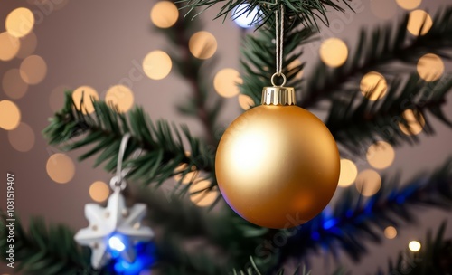 A tight shot of a christmas ornament on a tree against a backdrop of twinkling holiday lights christmas backdrop professional studio photography Photorealistic style  photo