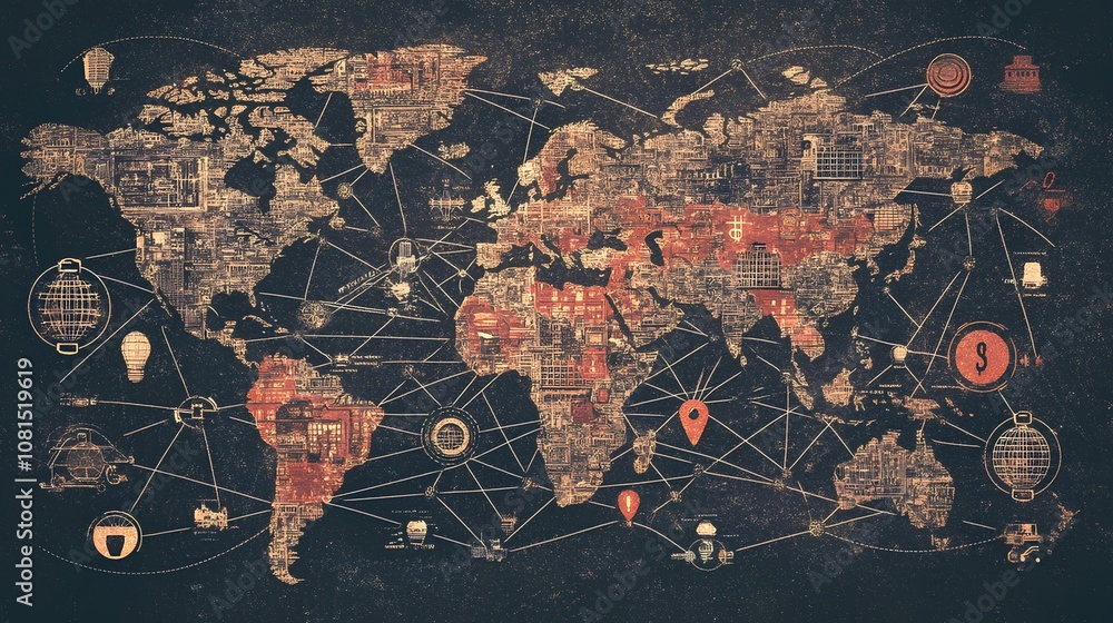Naklejka premium Global economic connections world map infographic digital aerial view trade and finance insights