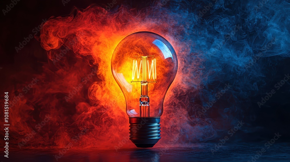 Illuminate your space with a stunning closeup of a colorful glass lightbulb surrounded by vibrant smoke effects Illuminate your space with a stunning closeup of a colorful glass lightbulb surrounded by vibrant smoke effects