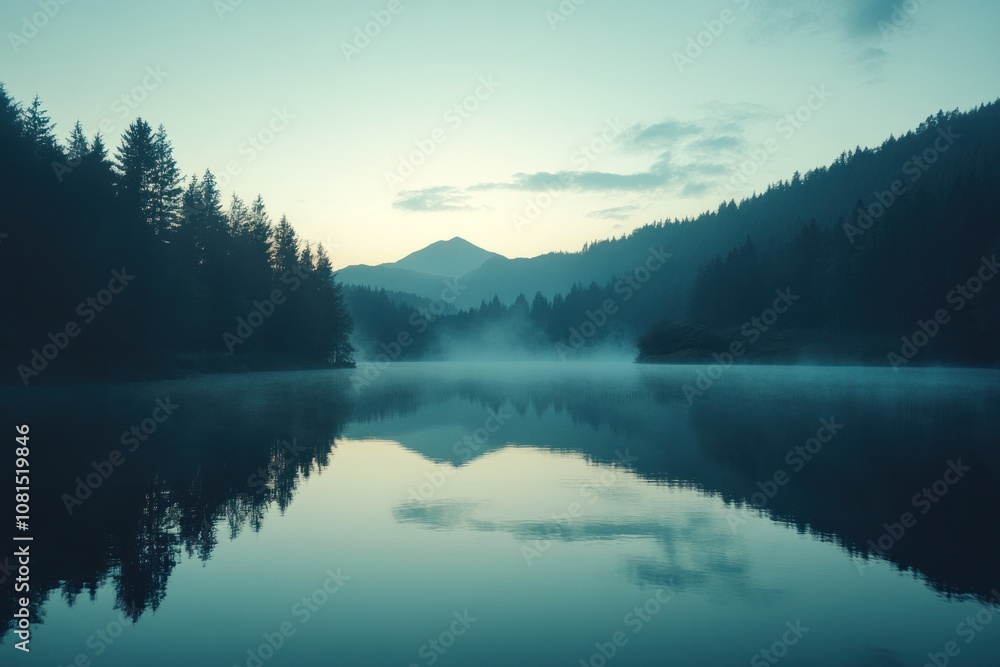 A serene lake with mist rising from the water, surrounded by a forest and mountains in the background. The water is calm and reflective, creating a mirror-like surface. A serene lake with mist rising from the water, surrounded by a forest and mountains in the background. The water is calm and reflective, creating a mirror-like surface.