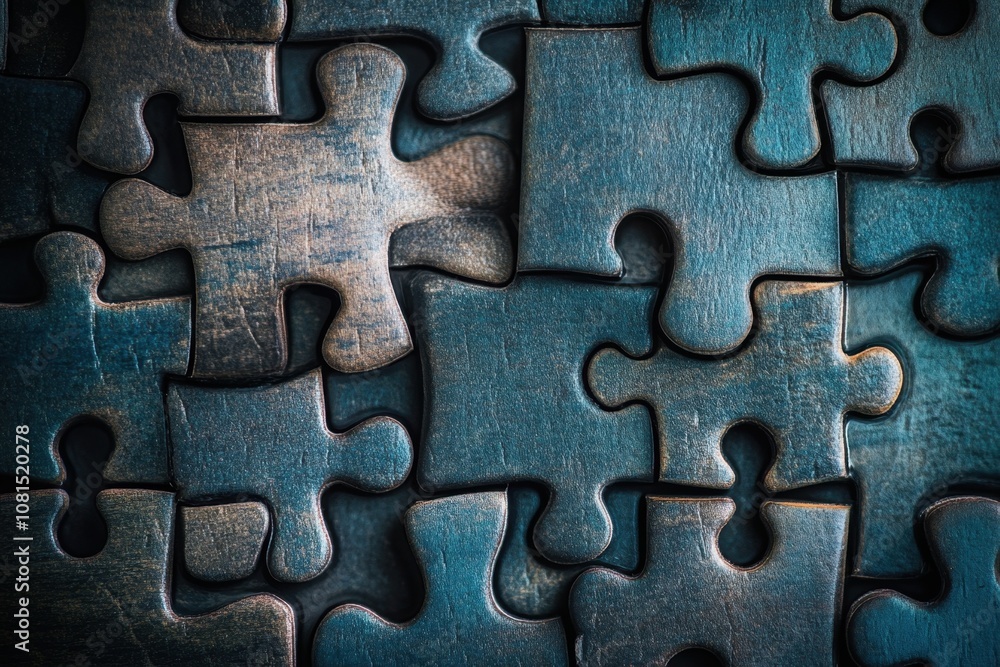 Blue wooden jigsaw puzzle pieces assembled.