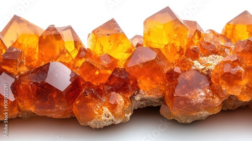 Close-up of orange crystal cluster on white background.