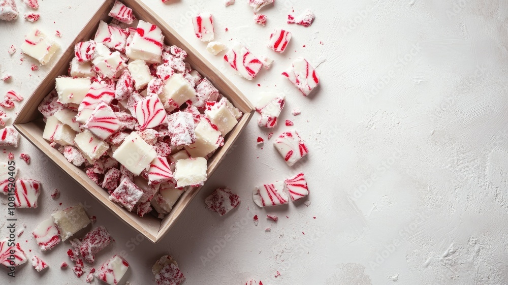 White and red peppermint bark pieces in wooden box White and red peppermint bark pieces in wooden box