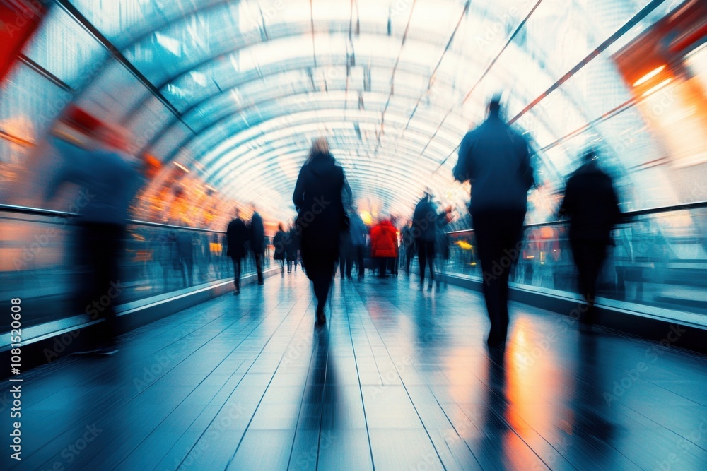 Blurred motion of people walking through a modern glass tunnel. Blurred motion of people walking through a modern glass tunnel.