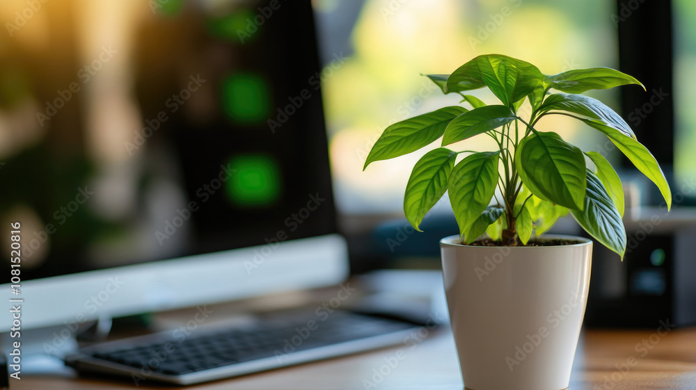 Vibrant green potted plant on modern office desk in sunlight Vibrant green potted plant on modern office desk in sunlight