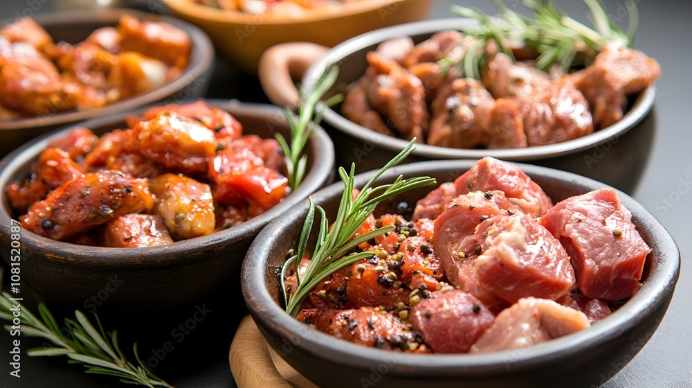 selection of marinated meats in bowls, ready for grilling, showcasing vibrant colors and fresh herbs. Perfect for barbecue or gathering selection of marinated meats in bowls, ready for grilling, showcasing vibrant colors and fresh herbs. Perfect for barbecue or gathering