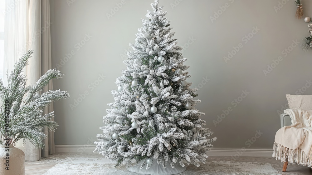 Create a stunning holiday atmosphere with an elegant christmas tree adorned in white and silver decorations Create a stunning holiday atmosphere with an elegant christmas tree adorned in white and silver decorations