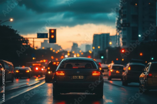 City traffic at dusk with blurred background.