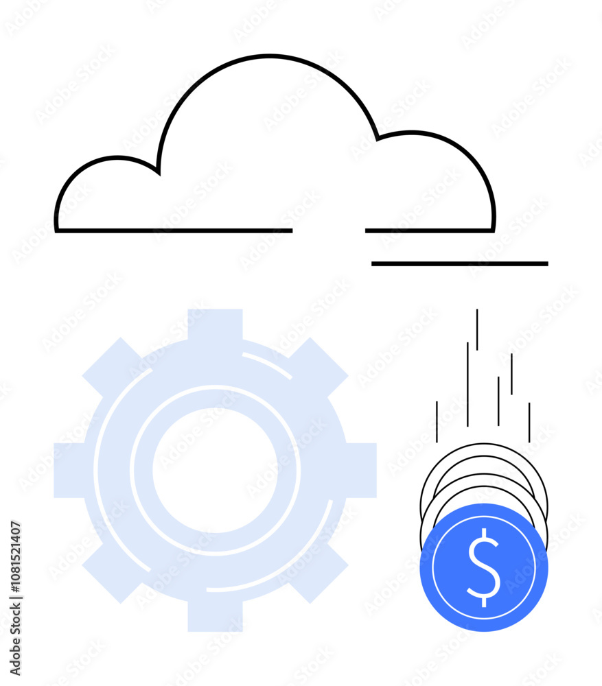 Cloud above blue gear and falling coins symbolizing financial technology and cloud computing. Ideal for fintech, cloud services, automation, economic analysis, digital transformation, online Cloud above blue gear and falling coins symbolizing financial technology and cloud computing. Ideal for fintech, cloud services, automation, economic analysis, digital transformation, online