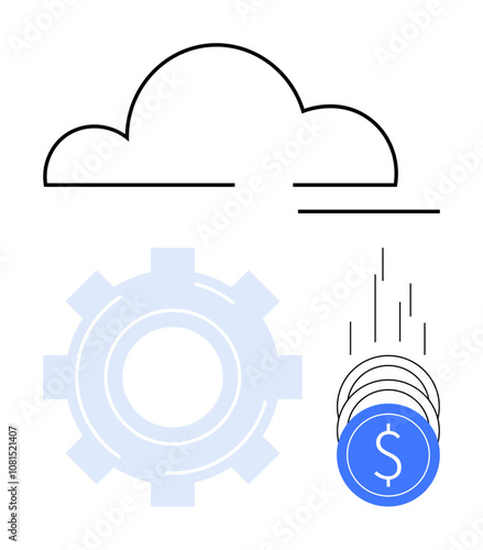 Cloud above blue gear and falling coins symbolizing financial technology and cloud computing. Ideal for fintech, cloud services, automation, economic analysis, digital transformation, online