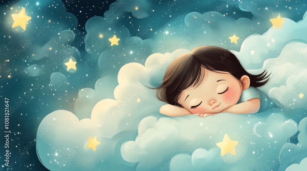 Cartoon baby girl with big eyes, sleeping peacefully, with stars and clouds in the background Cartoon baby girl with big eyes, sleeping peacefully, with stars and clouds in the background