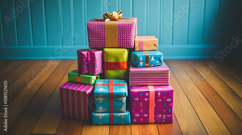 A vibrant stack of holiday gifts wrapped in a mix of modern and traditional styles, placed neatly on a wooden floor Highlighting the beauty of imperfections.f/1.4 wide aperture. Centered subject. 